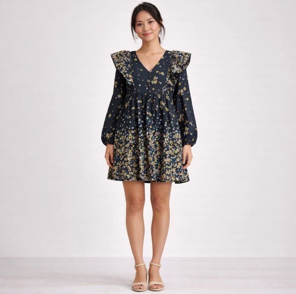Lost + Wander Womens Field of Dreams Mini Dress Size M Cotton Boho Long Sleeve
